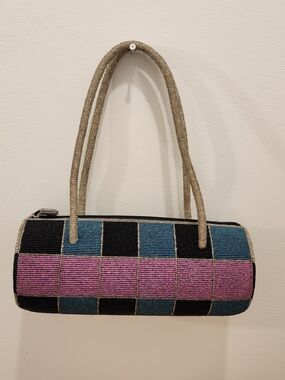 Beaded Mini Cylinder Shoulder Bag in Pink, Blue & Black